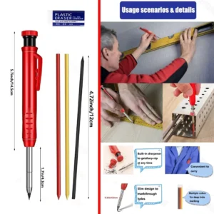 Lápiz de carpintero profesional, marcador de Agujero profundo de cabeza larga de Metal, ingeniería para herramientas de construcción de carpintería, papelería 2