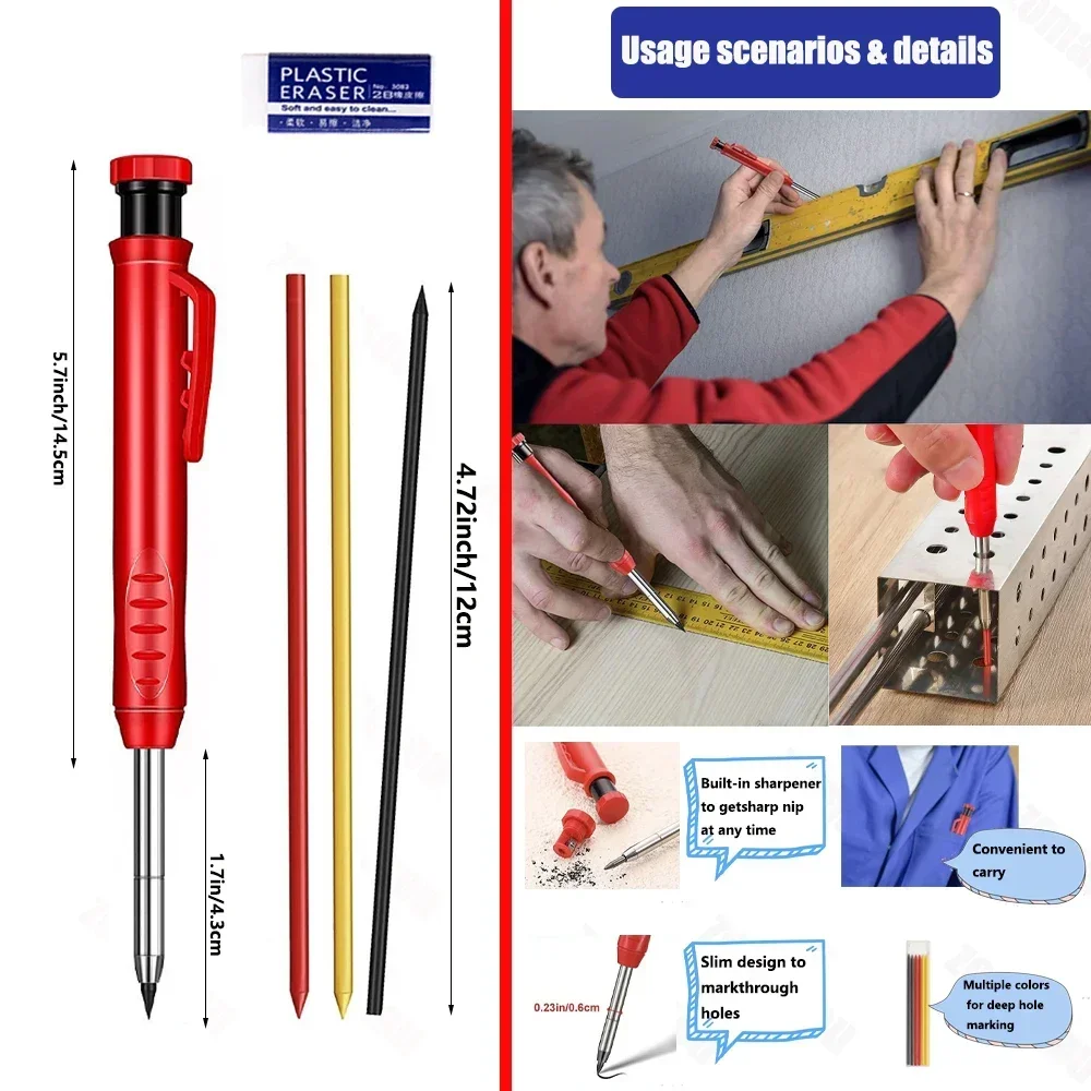 Lápiz de carpintero profesional, marcador de Agujero profundo de cabeza larga de Metal, ingeniería para herramientas de construcción de carpintería, papelería 2 Lápiz de carpintero profesional, marcador de Agujero profundo de cabeza larga de Metal, ingeniería para herramientas de construcción de carpintería, papelería 2
