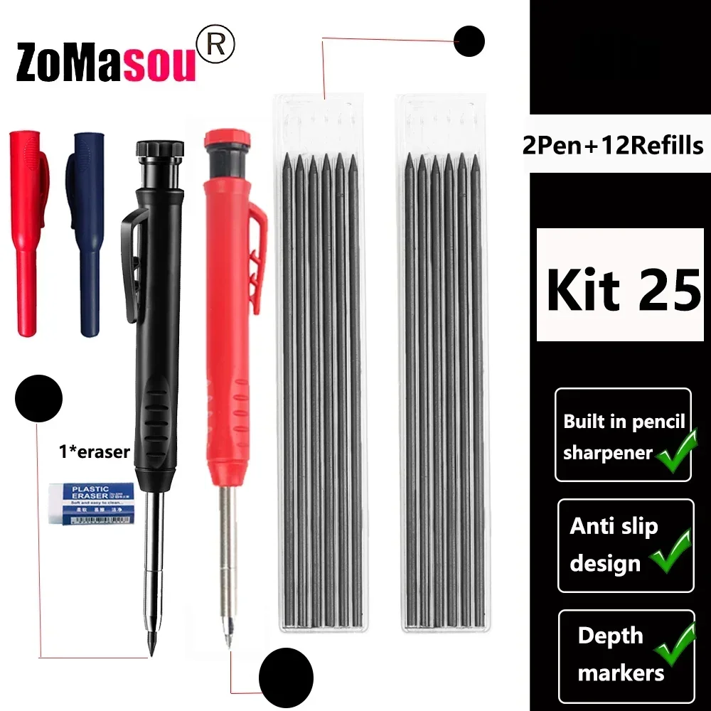 Lápiz de carpintero profesional, marcador de Agujero profundo de cabeza larga de Metal, ingeniería para herramientas de construcción de carpintería, papelería – 2Pen Kit 25 38 Lápiz de carpintero profesional, marcador de Agujero profundo de cabeza larga de Metal, ingeniería para herramientas de construcción de carpintería, papelería – 2Pen Kit 25 38