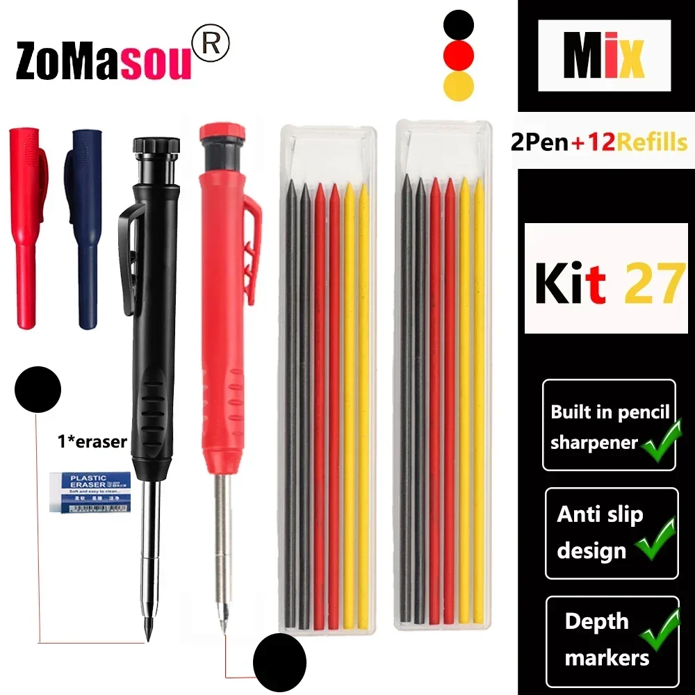 Lápiz de carpintero profesional, marcador de Agujero profundo de cabeza larga de Metal, ingeniería para herramientas de construcción de carpintería, papelería – 2Pen Kit 27 40 Lápiz de carpintero profesional, marcador de Agujero profundo de cabeza larga de Metal, ingeniería para herramientas de construcción de carpintería, papelería – 2Pen Kit 27 40